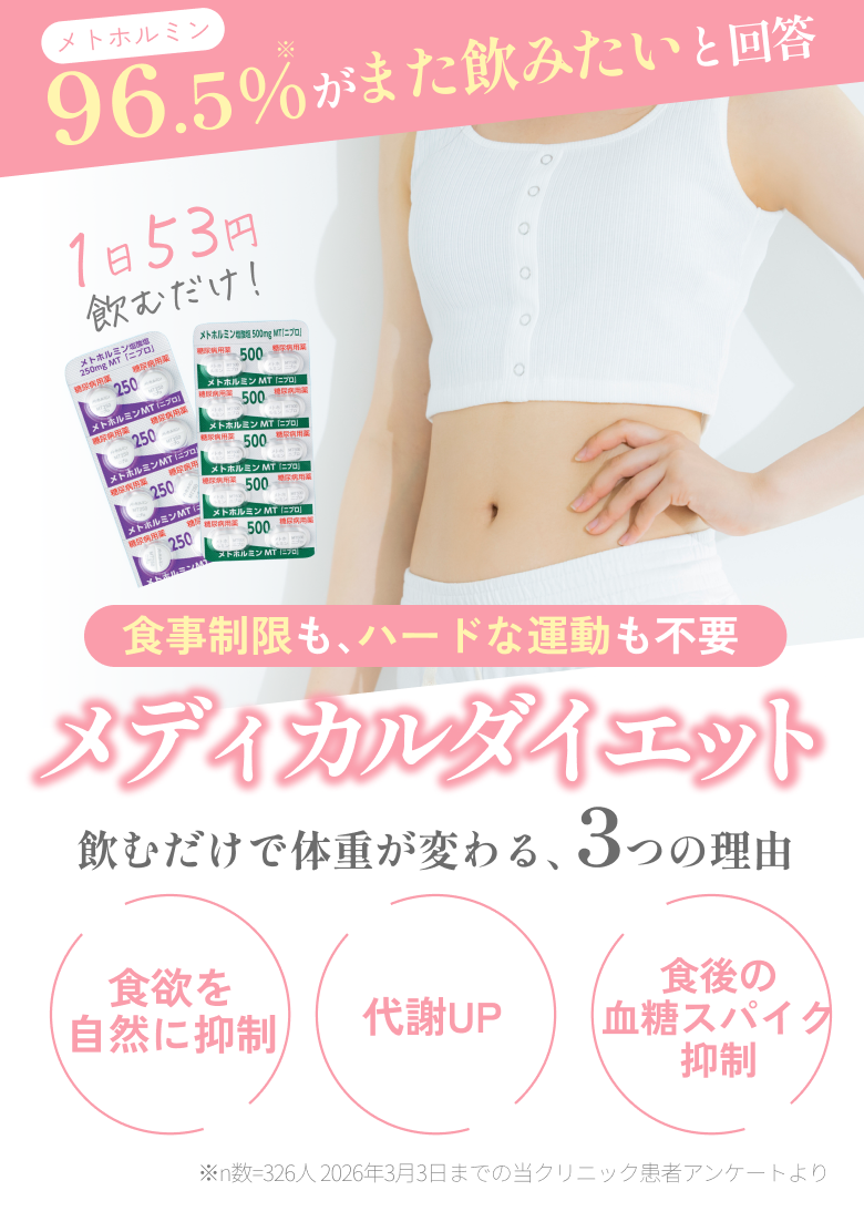メディカルダイエット。96.5％がまた飲みたいと回答。メトホルミンで食事制限もハードな運動も不要。飲むだけで体重が変わる3つの理由。