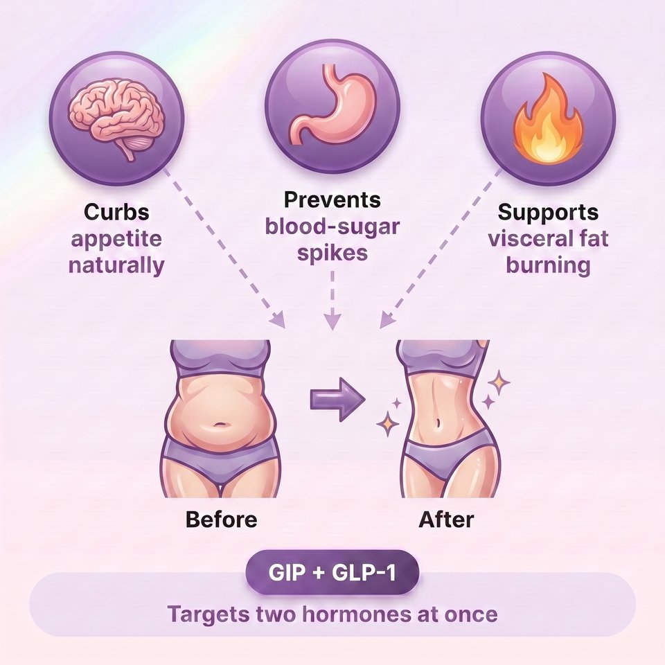 How Mounjaro works: curbs appetite, prevents blood-sugar spikes, and supports visceral fat burning — GIP + GLP-1 targets two hormones at once.