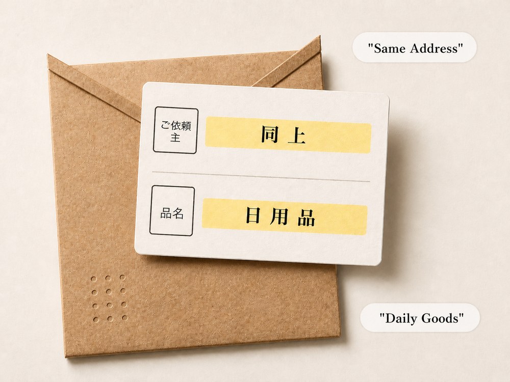 Plain kraft mailer with discreet shipping label — Sender: 同上 (Same Address), Contents: 日用品 (Daily Goods)