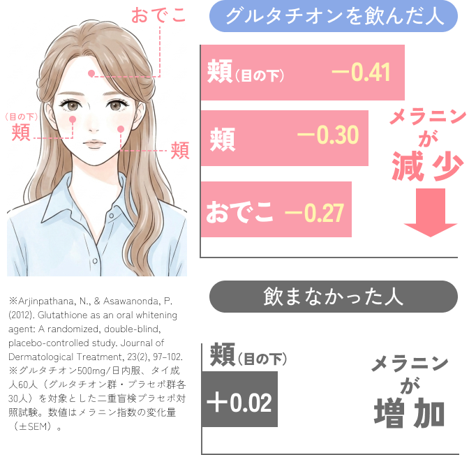 グルタチオンを飲んだ人：頬（目の下）-0.41、頬 -0.30、おでこ -0.27 メラニンが減少。グルタチオンを飲まなかった人：頬（目の下）+0.02 メラニンが増加